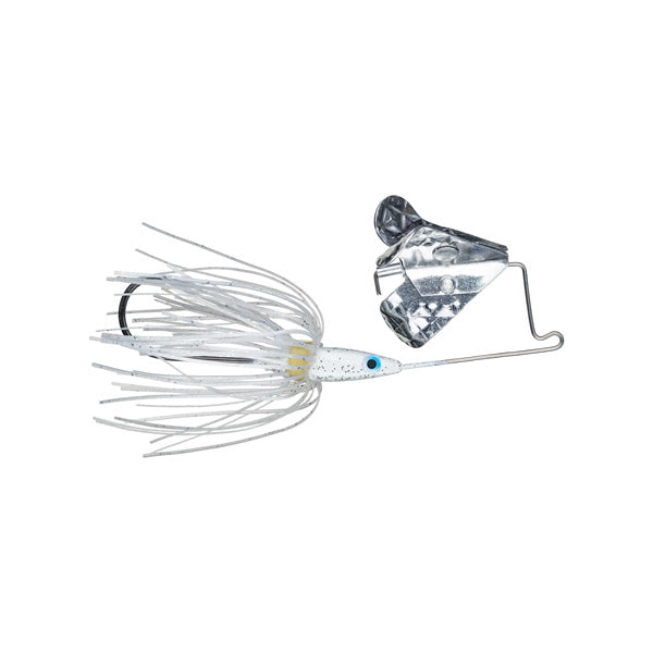 Strike King Tri-Wing Buzz King Buzzbait lure with a white skirt, blue eye, and two textured silver buzz blades designed for fishing tackle and attracting fish.