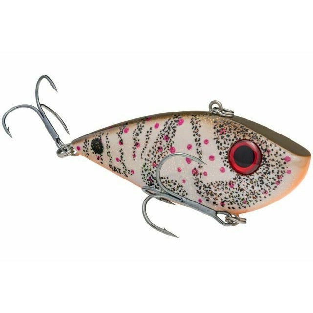 Strike King Tungsten 2-Tap Red Eyed Shad Lipless Crankbait featuring a realistic shad pattern with red eyes, speckled body, and two sharp treble hooks for fishing tackle enthusiasts.
