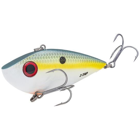 Strike King Tungsten 2-Tap Red Eyed Shad Lipless Crankbait fishing lure with a detailed fish scale pattern, red eye, and dual treble hooks designed for effective freshwater fishing.