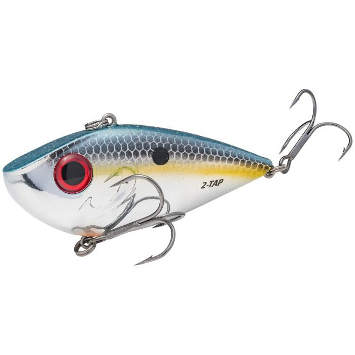 Strike King Tungsten 2-Tap Red Eyed Shad Lipless Crankbait fishing lure with a metallic blue, silver, and yellow body, red eyes, and two treble hooks for effective fishing tackle.