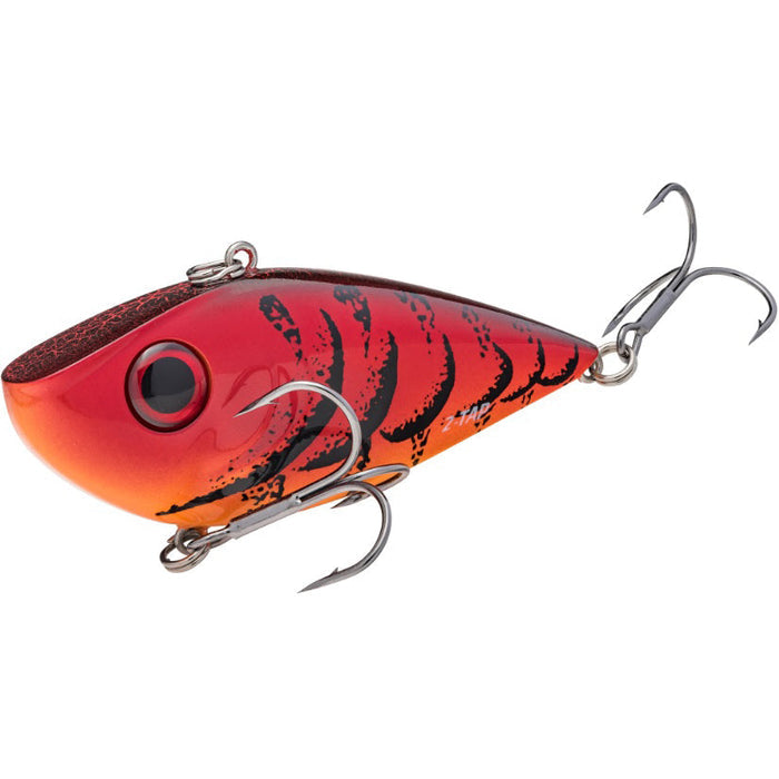 Strike King Tungsten 2-Tap Red Eyed Shad Lipless Crankbait in vibrant red and orange with black stripes, featuring two sharp treble hooks for effective fishing tackle use.