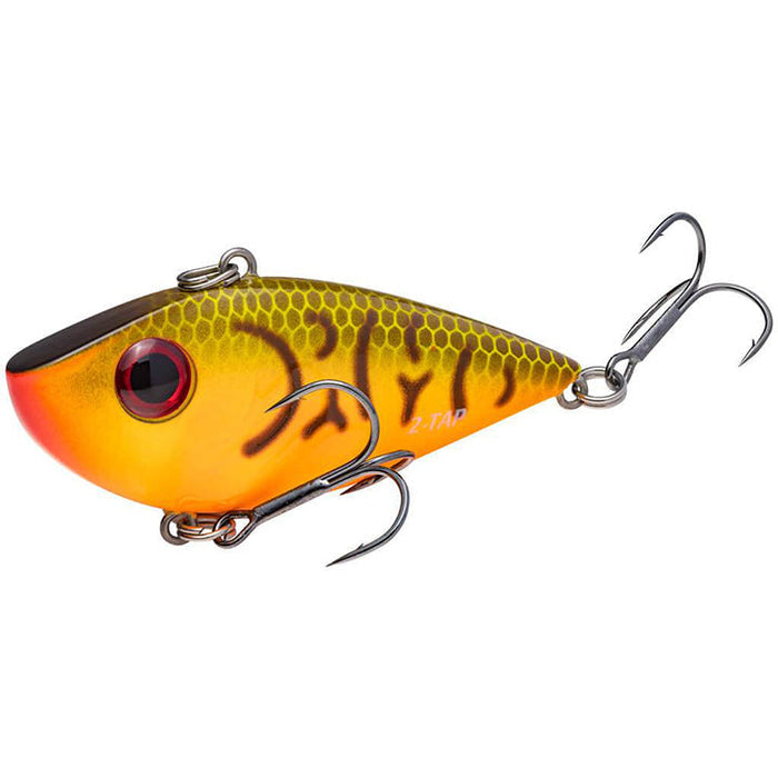 Strike King Tungsten 2-Tap Red Eyed Shad Lipless Crankbait fishing lure with orange and yellow body, detailed scale pattern, and two sharp treble hooks for effective fishing tackle.
