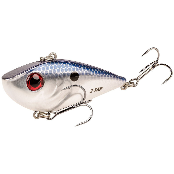 Strike King Tungsten 2-Tap Red Eyed Shad Lipless Crankbait fishing lure with a blue scaled top, red eyes, and two sharp treble hooks designed for effective freshwater fishing tackle.