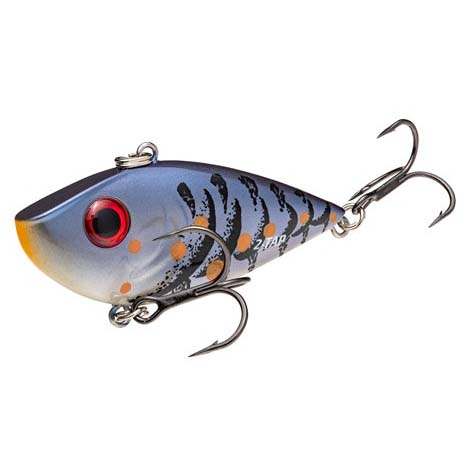 Strike King Tungsten 2-Tap Red Eyed Shad Lipless Crankbait fishing lure with realistic blue and silver body, red eyes, orange spots, and dual treble hooks for effective fishing tackle.