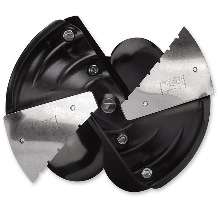Close-up of the Strikemaster 10" Lite-Flite Lazer Auger Flite showing its sharp, dual stainless steel blades designed for efficient ice drilling, with durable black housing and bolts securing the blades.