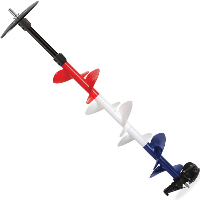 Strikemaster 8" Lite-Flite Lazer Drill Unit - USA Edition featuring a red, white, and blue spiral ice auger blade with a black handle and drill attachment for ice fishing.