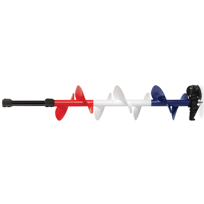 Strikemaster 8" Lite-Flite Lazer Drill Unit - USA Edition with red, white, and blue colored auger blades and black handle, designed for efficient ice fishing and fishing tackle use.