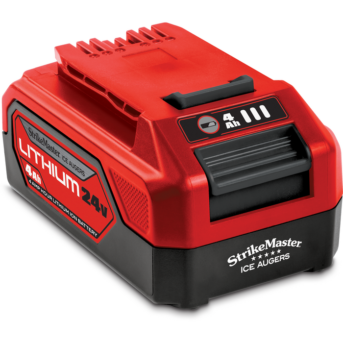 Red and black StrikeMaster Lithium 24V Replacement Battery designed for ice augers, featuring a 4 amp-hour capacity and durable casing for reliable outdoor use.