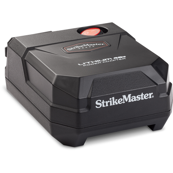 Black Strikemaster Lithium 40V Power Adapter (Battery Sold Separately) with a red power switch, designed for fishing tackle and marine electronics use.