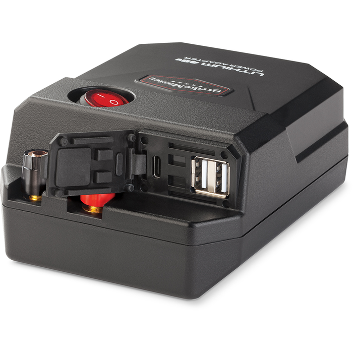 Strikemaster Lithium 40V Power Adapter (Battery Sold Separately) shown in black with a red power switch, multiple charging ports including USB, designed for efficient power supply in fishing tackle and marine electronics use.