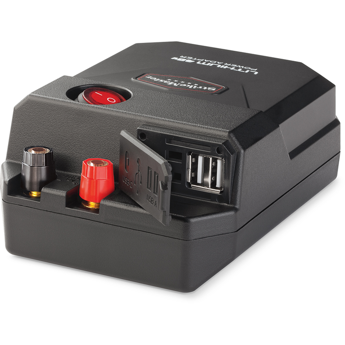 Strikemaster Lithium 40V Power Adapter (Battery Sold Separately) in black with red and black terminals, power switch, and dual USB ports for charging fishing tackle electronics.
