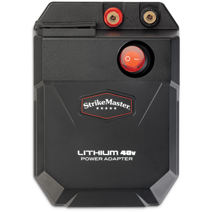 Black rectangular Strikemaster Lithium 40V Power Adapter with red and black battery terminals and a red power switch on the front, designed for fishing tackle use.