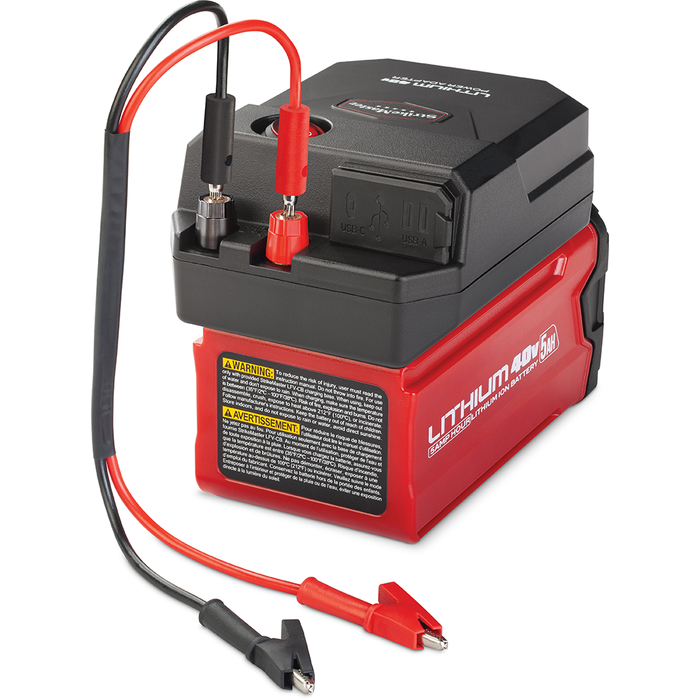 Strikemaster Lithium 40V Power Adapter (Battery Sold Separately) in red and black with attached alligator clip cables and USB ports for fishing tackle and marine electronics power supply.