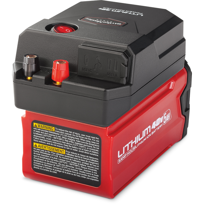Strikemaster Lithium 40V Power Adapter (Battery Sold Separately) in red and black with USB-C and USB-A ports, power switch, and safety warning labels, designed for fishing tackle and marine electronics.