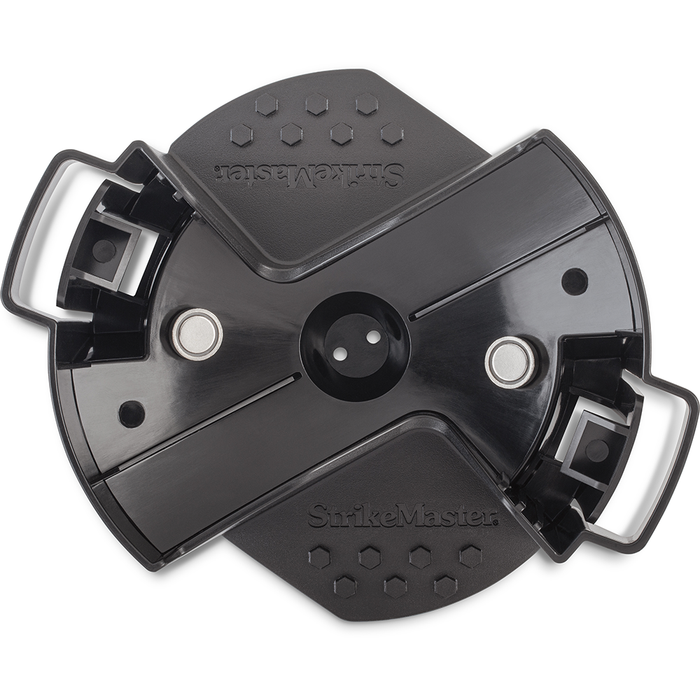 Black plastic Strikemaster Magnet Snap Cover (Lite-Flite) with dual magnetic fasteners and ergonomic handles designed for secure attachment and easy use in fishing tackle setups.