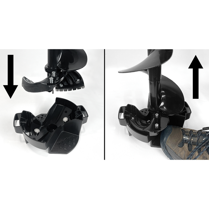 Strikemaster Magnet Snap Cover (Lite-Flite) shown in two images demonstrating how to secure and release an auger blade using downward and upward motions, with a foot applying pressure on the cover.