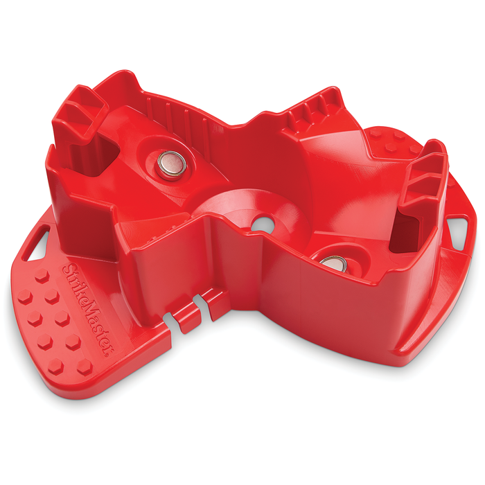 Red molded plastic Strikemaster Magnet Snap Cover (Maven) with integrated magnets and compartments designed to secure and protect fishing tackle components.