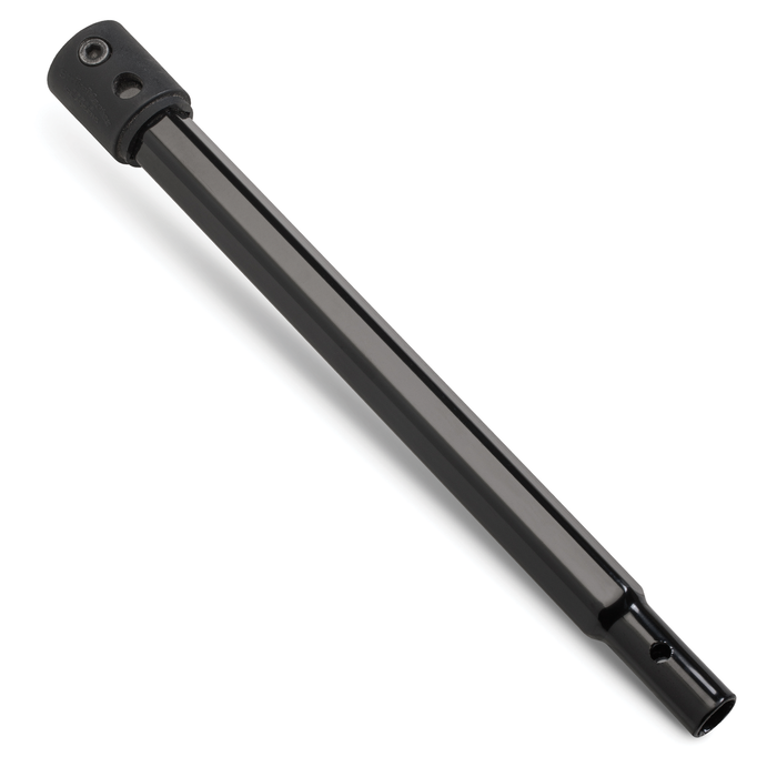 Black metal Strikemaster Maven Auger Extension designed for fishing tackle, featuring a cylindrical shape with mounting holes on both ends for secure attachment.