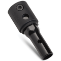 Strikemaster Maven Hex Steel Adapter in black metal with a hexagonal design, featuring screw fittings and holes for secure attachment to fishing rods and tackle.