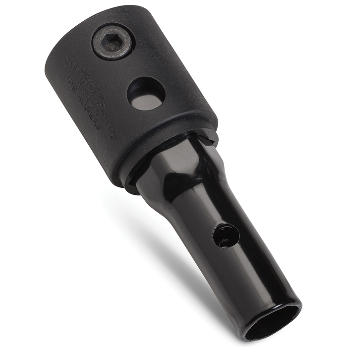 Strikemaster Maven Hex Steel Adapter in black metal with a hexagonal design, featuring screw fittings and holes for secure attachment to fishing rods and tackle.