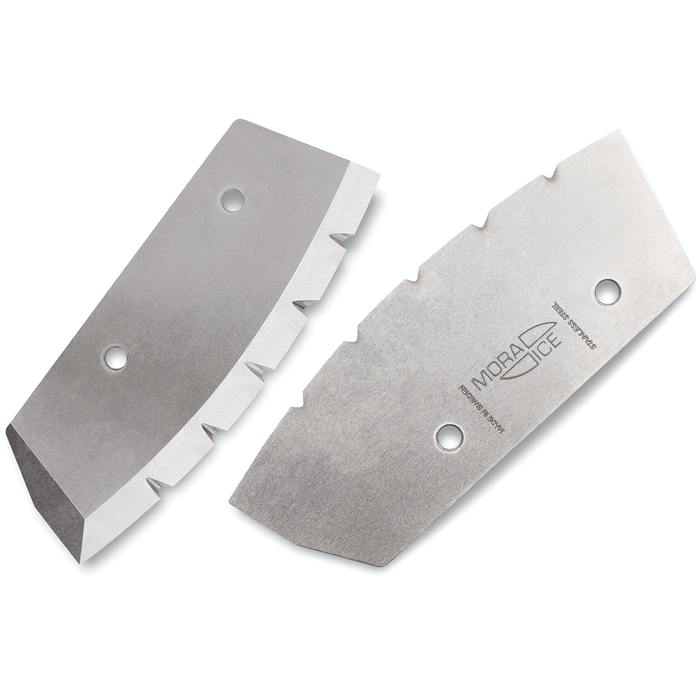 Two stainless steel replacement auger blades with sharp serrated edges and mounting holes, designed as Strikemaster Replacement Maven Power Auger Blades for fishing tackle use.