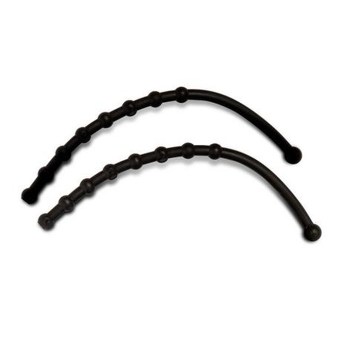 Two black flexible straps with multiple evenly spaced beads along the length, shown against a white background, identified as Strikemaster Rubber Guard Strap (Power & Hand) used in fishing tackle.