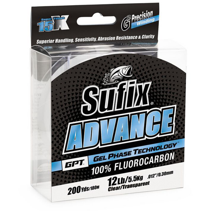 Sufix Advance Fluorocarbon fishing line packaging showing 100% fluorocarbon material, 12 lb test strength, 200 yards length, designed for superior handling, sensitivity, and abrasion resistance.