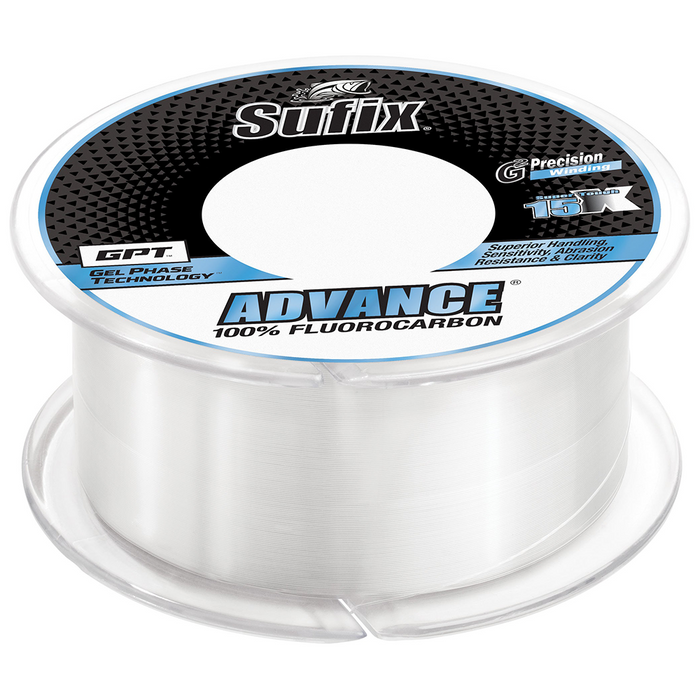 Sufix Advance Fluorocarbon fishing line spool in clear translucent material with branding and technical details on the label, designed for fishing tackle use.