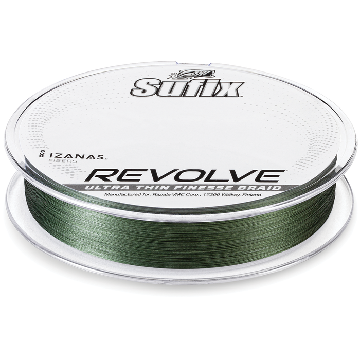 Sufix Revolve Braid fishing line spool in dark green, designed for ultra-thin finesse braid performance, ideal for precision fishing tackle and rods.