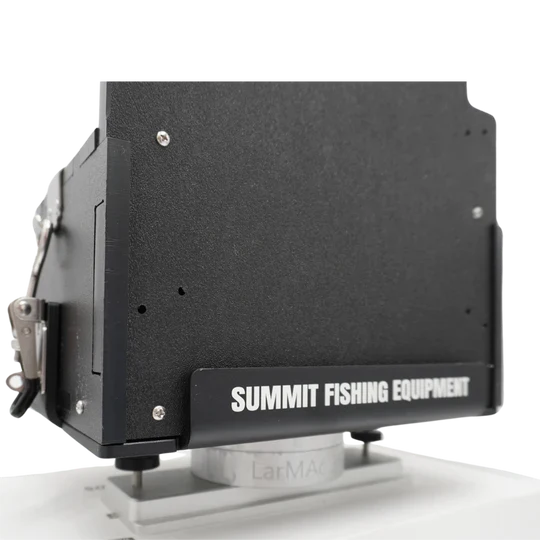 Summit HD Shuttle Docking System w/ Larmac360 showing a sturdy black mounting box with secure latches and metal hardware, designed for fishing tackle and marine electronics attachment.