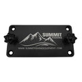 Black rectangular Summit LS Max Base Plate made of metal with four mounting holes, two star-shaped tightening knobs, and a mountain logo engraving for fishing tackle use.