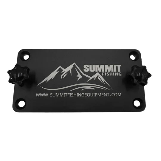 Black rectangular Summit LS Max Base Plate made of metal with four mounting holes, two star-shaped tightening knobs, and a mountain logo engraving for fishing tackle use.