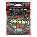 Packaging of Sunline New Shooter Fluorocarbon fishing line in a clear display box, showing a black reel with bold red and yellow text indicating 10 lb test strength, 165 yards length, and professional bass model features.