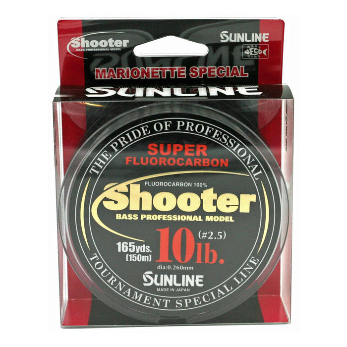 Packaging of Sunline New Shooter Fluorocarbon fishing line in a clear display box, showing a black reel with bold red and yellow text indicating 10 lb test strength, 165 yards length, and professional bass model features.