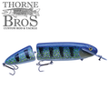 Supernatural Jointed Headlock fishing lure featuring a segmented blue and green body with black stripes, realistic eye detail, and two treble hooks for effective fishing tackle use.