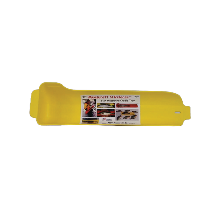 Sven's Sleeves Measurett n' Release is a yellow fish measuring cradle tray with an integrated ruler and release notch designed for efficient measuring and handling of fish during fishing.