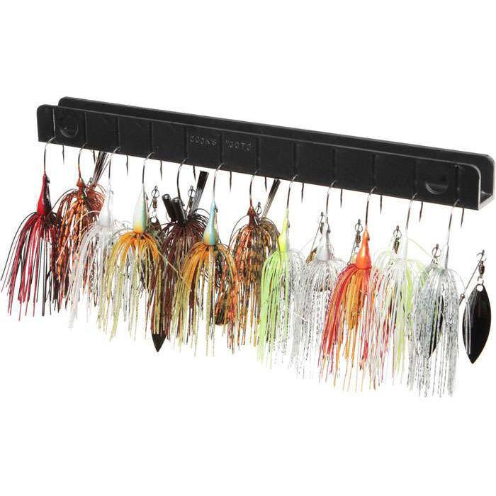 T-H Marine Cooks Go-To Tackle Storage System displaying multi-colored fishing lures organized on a black plastic rack designed for easy access and secure storage of fishing tackle.