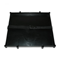 Black rectangular plastic tray with attached adjustable strap and buckle designed for securing two batteries, shown as the T-H Marine Dual Battery Holder Tray.