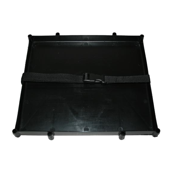 Black rectangular plastic tray with attached adjustable strap and buckle designed for securing two batteries, shown as the T-H Marine Dual Battery Holder Tray.