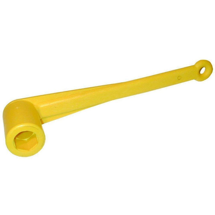 Yellow plastic tool with a hexagonal socket head and a looped handle, designed for adjusting marine propellers, called the T-H Marine Prop Master Propeller Wrench.