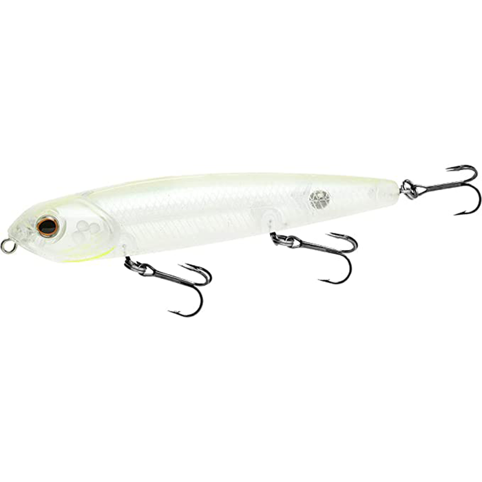 Teckel Kicknocker fishing lure in translucent white with realistic fish scale texture, detailed eyes, and three sharp treble hooks for effective fishing tackle use.