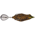 Teckel Maracker Frog fishing lure designed with a brown and black spotted frog pattern, featuring a curved metallic spinner blade and dual hooks for effective musky fishing.