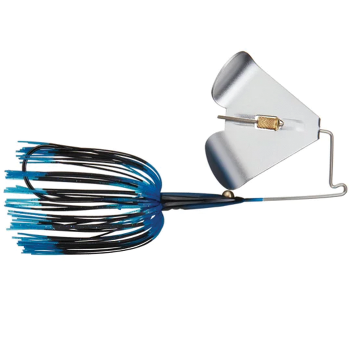 Teckel Maxqueker fishing lure with blue and black skirt and silver metal blade designed for musky fishing tackle.
