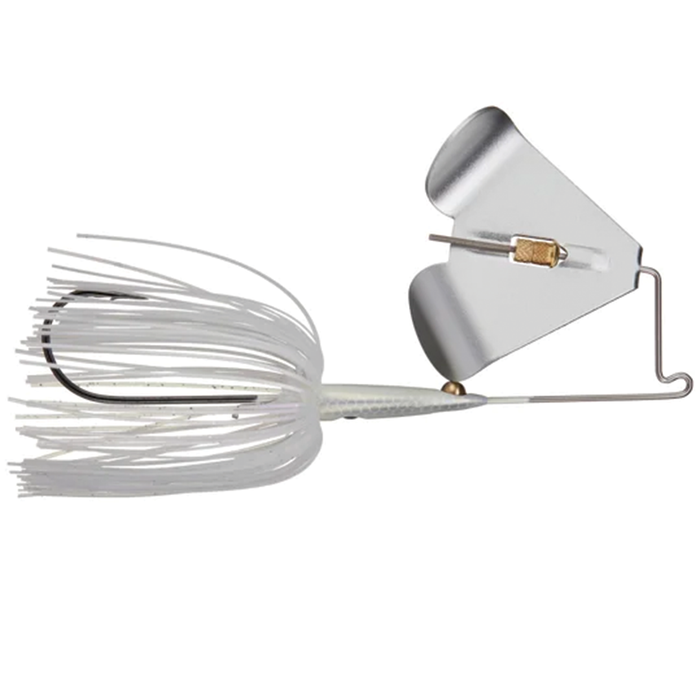 Teckel Maxqueker fishing lure with white skirt, sharp hook, and silver metal blades designed for attracting fish in freshwater fishing tackle.