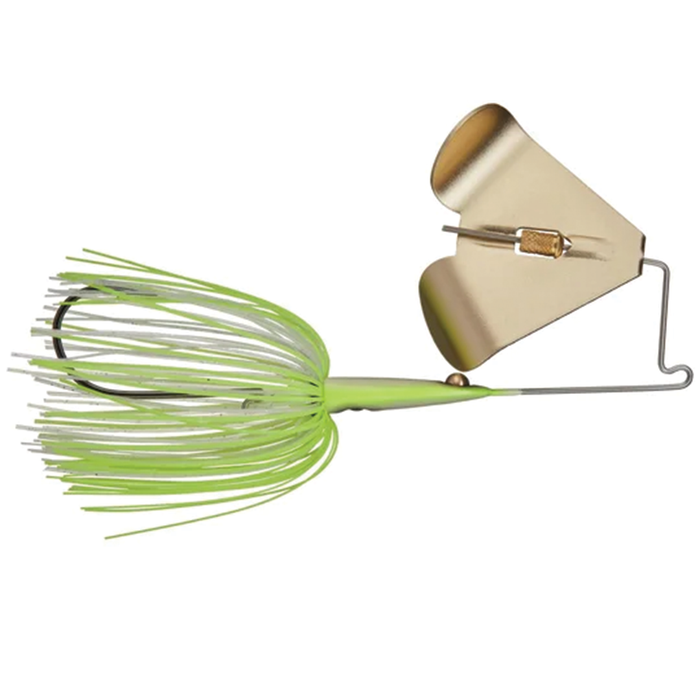 Teckel Maxqueker fishing lure with a lime green silicone skirt and a large metallic gold spinner blade designed for musky fishing tackle.