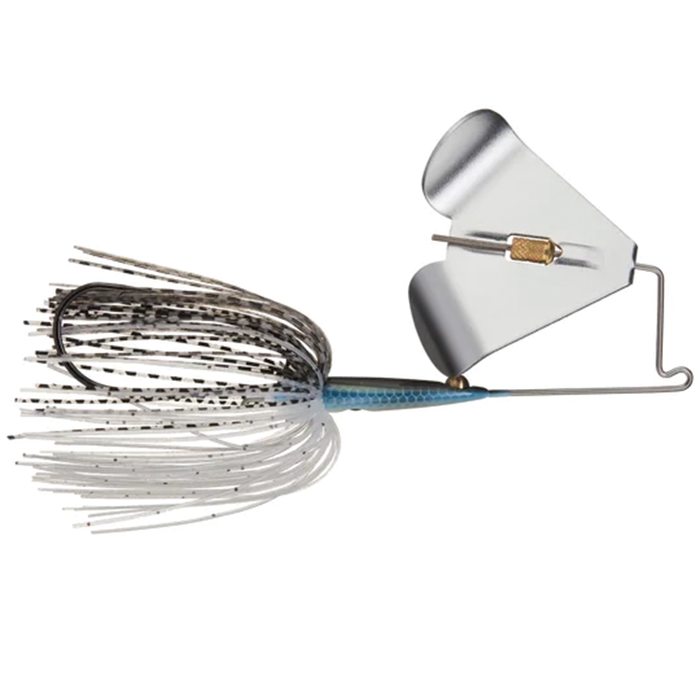 Teckel Maxqueker fishing lure featuring a blue and white patterned skirt, sharp hook, and a silver metal blade designed for mimicking prey movements in water.
