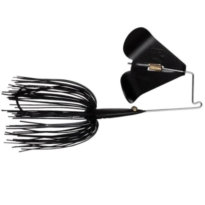 Teckel Maxqueker fishing lure featuring a black skirted jig with a uniquely shaped black metal blade designed for effective musky fishing tackle.
