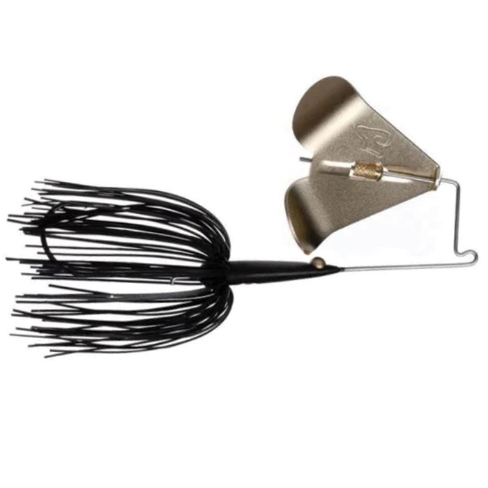 Teckel Maxqueker fishing lure with black rubber skirt and metallic gold spinner blade, designed for attracting fish in musky fishing and other freshwater scenarios.
