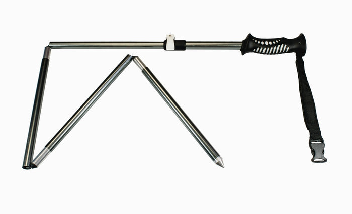 Teton Locking Wading Staff made of metal with a textured black grip handle, foldable design for easy transport, and an adjustable wrist strap for secure fishing use.