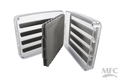 Clear plastic fly box with foam inserts and multiple rows of slits for organizing fishing flies, shown open to display internal compartments, labeled TFC Tandem Dropper Rig Fly Box.